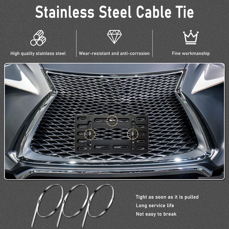 BGGTMO License Plate Bracket Holder- Front License Plate Mounting Kit, Universal Bumper Car Tag Frame Mount Adapter with Stainless Steel Screw Cap, Cable Ties - Image 4